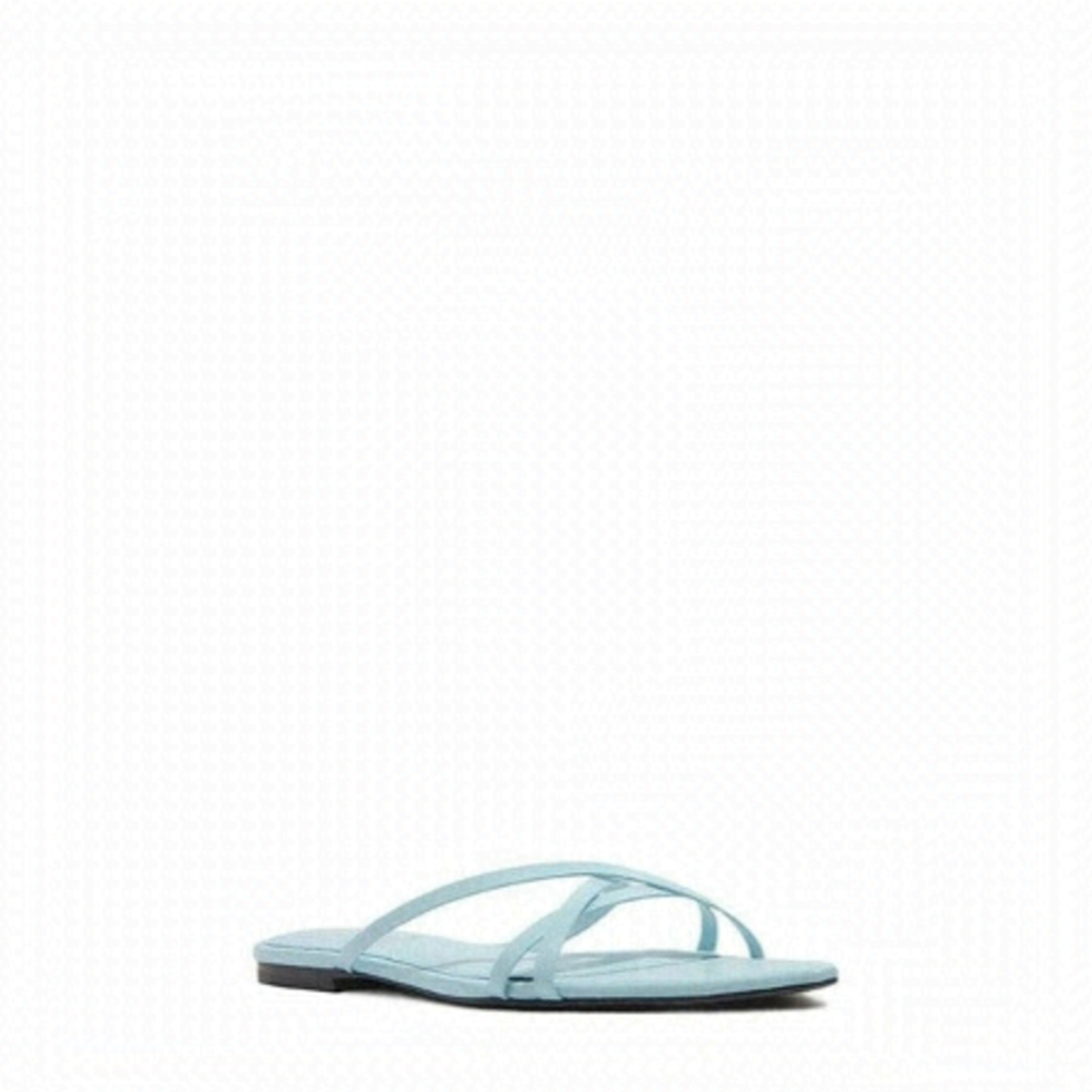 BLACK Suede Studio Women's Blue "Cassie" Sandals Calfskin Leather Flats